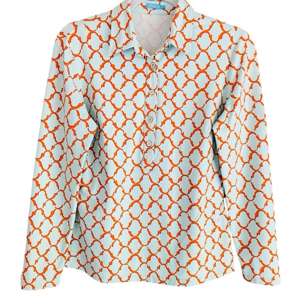 J. McLaughlin Mint Green & Orange Geo Print Stretch Knit  Long Sleeve Size Small - Picture 2 of 7